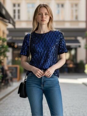 Stenay Trophy Top VTG 80’s Silk Dramatic Sequined Blue Statement Disco Party